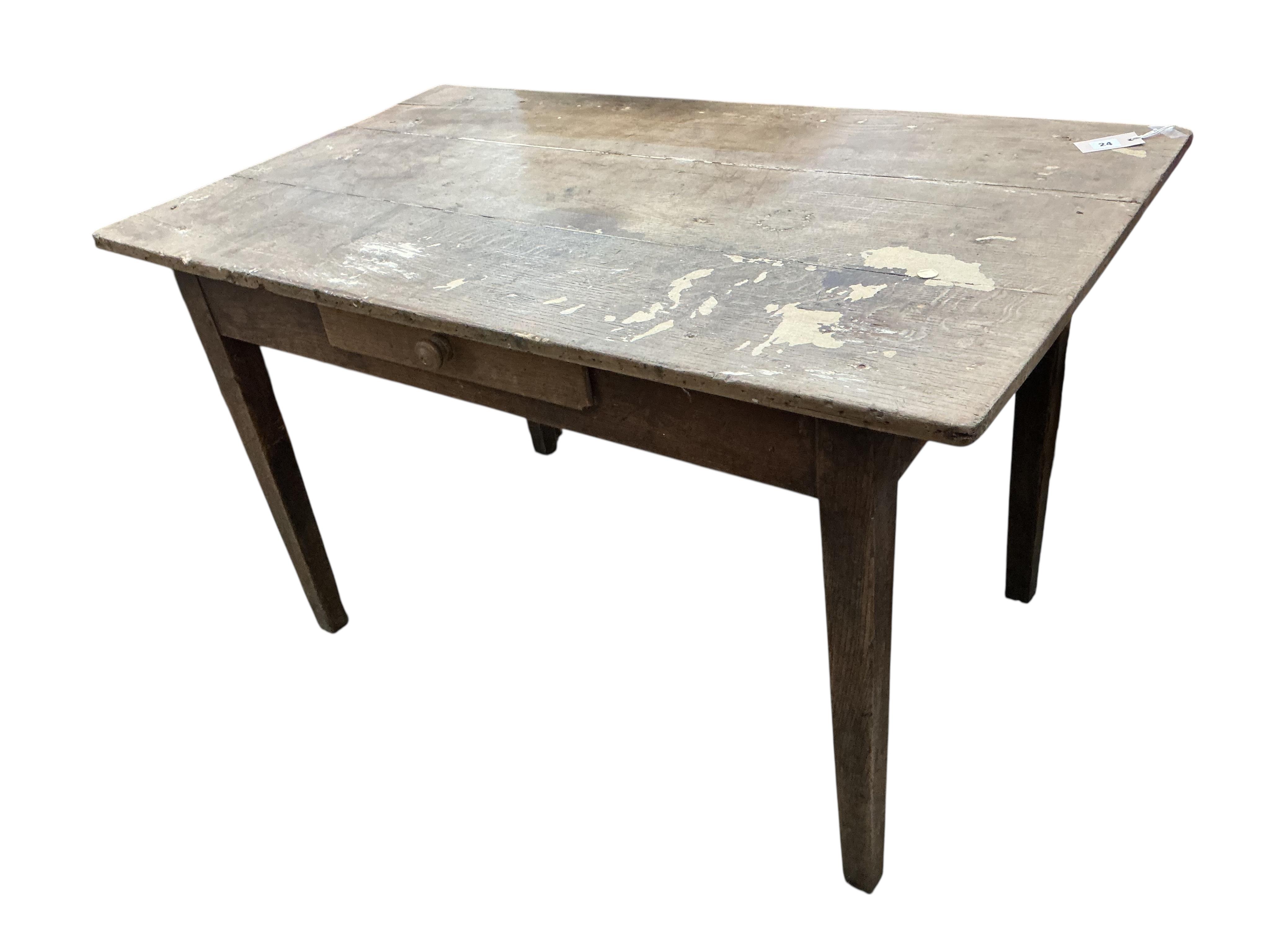 A 19th century French rectangular oak kitchen table, fitted drawer, width 121cm, depth 70cm, height 71cm